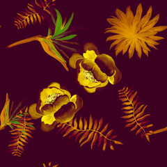 Autumn Tropical Painting. Golden Seamless Botanical. Black Pattern Leaves. Violet Drawing Texture. Beige Floral Background. Yellow Decoration Exotic. Floral Art.