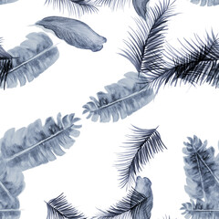 White Tropical Plant. Blue Seamless Textile. Indigo Pattern Art. Cobalt Banana Leaves. Gray Wallpaper Foliage. Navy Flora Botanical. Azure Decoration Leaf.
