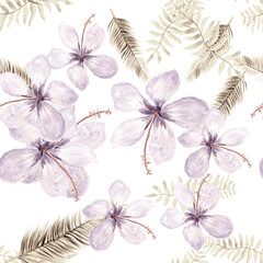 Brown Seamless Plant. Gray Pattern Palm. White Tropical Foliage .Flower Painting. Drawing Textile. Flora Texture. Wallpaper Palm. Spring Vintage.