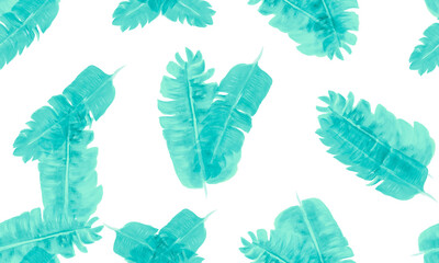 Azure Seamless Botanical. Navy Pattern Nature. Indigo Tropical Nature. White Garden Textile. Cobalt Decoration Illustration. Blue Watercolor Botanical. Banana Leaves.