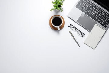 Top view of white space with working equipment of business people tablet notebook pen. Copy space.