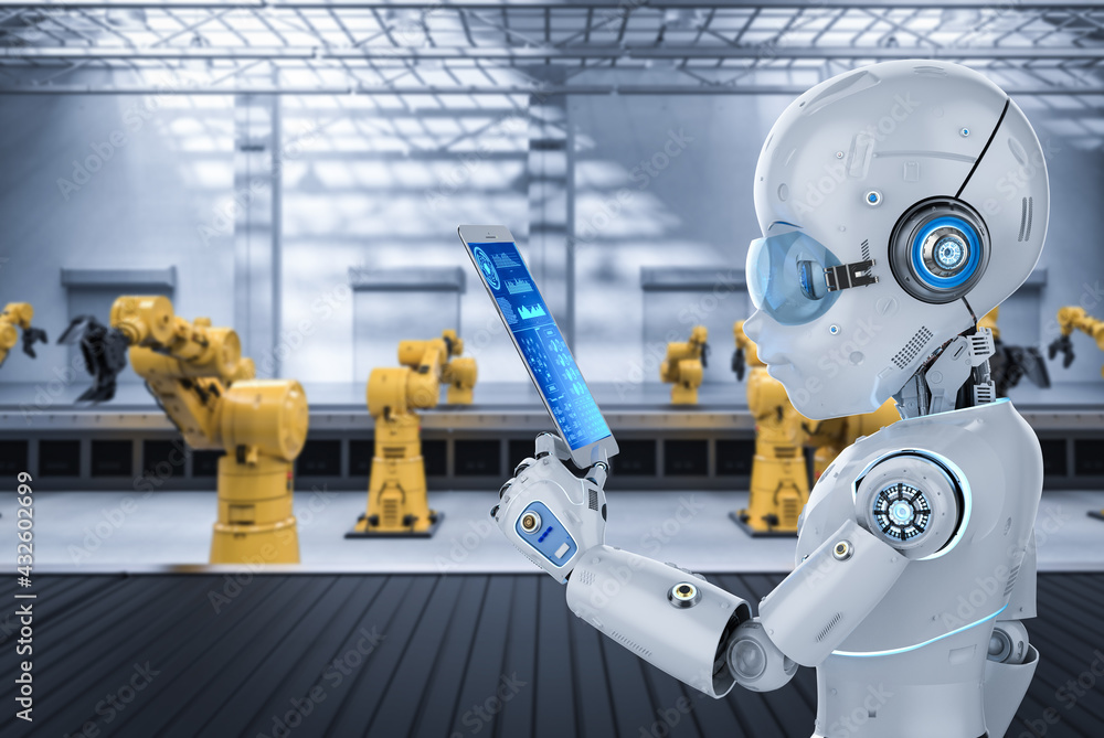 Poster automation factory with cute robot