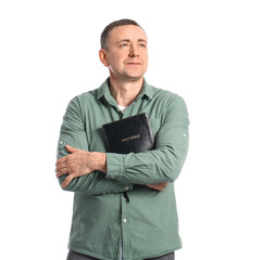 Man with Bible on white background