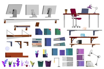 Designer interior office workspace at home or office with plants shelves and table lamps cartoon style.