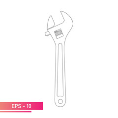 Sliding wrench in contour design, icon. Adjustable wrench. Isolated on a white background. Flat vector illustration.