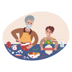 Grandfather and grandson preparing meal together. Flat style illustration.