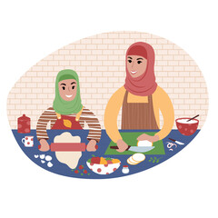 Mother and daughter preparing meal together. Flat style illustration.