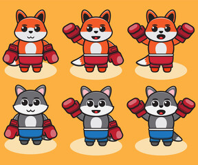 Fototapeta premium Vector illustration of cute Boxing Wolf, cartoon. Cute Wolf character expressions, design bundle. Good for icon, logo, label, sticker, clipart.
