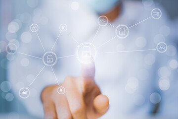 Concept threat,crime,cyber security technology lock privacy system personal network,businessman fingerprint scan biometric identity visual interface,scan password security control,cybernetic hitech