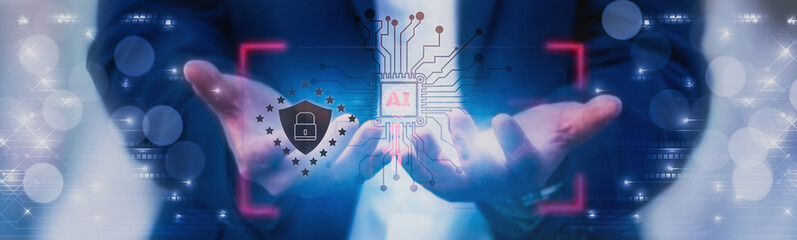 Naklejka premium Concept threat,crime,cyber security technology lock privacy system personal network,scan password security control,businessman fingerprint scan biometric identity with artificial intelligence or ai