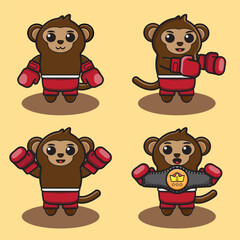 Vector illustration of cute Monkey Boxing cartoon. Cute Monkey expression character design bundle. Good for icon, logo, label, sticker, clipart.