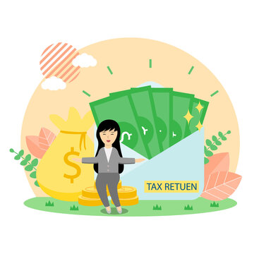 Woman Sitting On Pile Of Coin Showing Her Tax Return Cartoon Vector