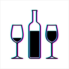 Bottle Of Wine And Glass Glitch Icon, Wineglass Glassware Icon