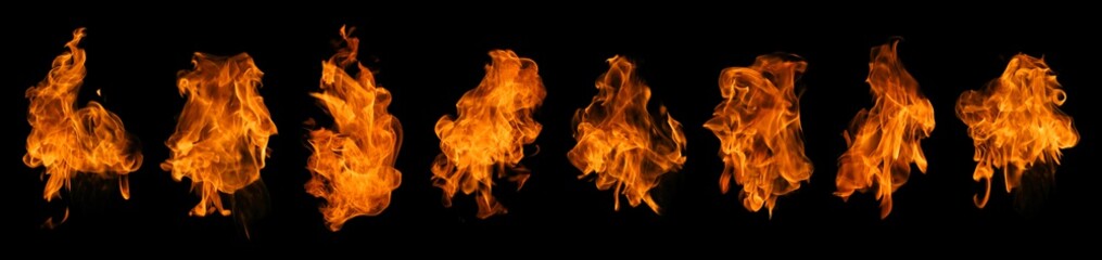 Fire collection set of flame burning isolated on dark background for graphic design