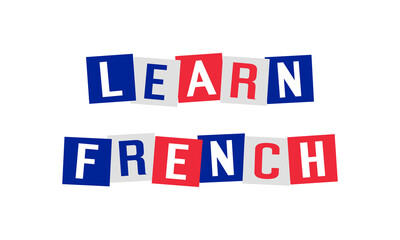 learn french text in disordered squares painted in france flag colors