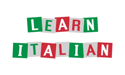 learn italian text in disordered squares painted in italy flag colors