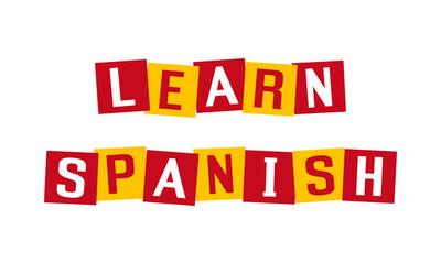learn spanish text in disordered squares painted in spain flag colors