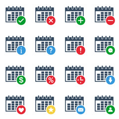 calendar grid with many different colorful actions, vector solid icons set