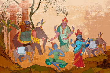 Gods of India. Ancient frescoes. Traditional indian mural paintings style. Religion. Hinduism. Vishnu and Shiva. Dancing goddesses in the jungle. Old Asian culture. Mythology, tradition and history