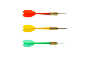Set of three arrow darts e.g red, yellow and green isolated on white background. Darts are used in sport or in business metaphor e.g target audience, company direction or objectives and goal setting.