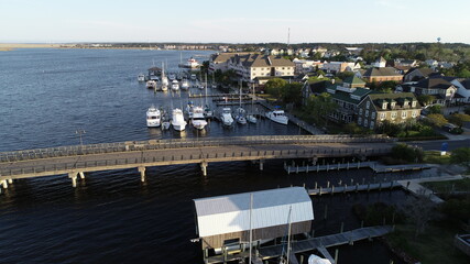 Waterfront Manteo North Carolina overhead view of shops and marina 
