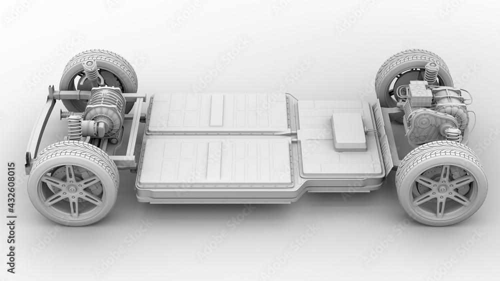 Aufkleber clay rendering of electric vehicle's chassis with dual motors and battery system. 3d rendering image