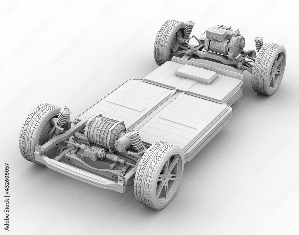 Poster clay rendering of electric vehicle's chassis with dual motors and battery system. 3d rendering image