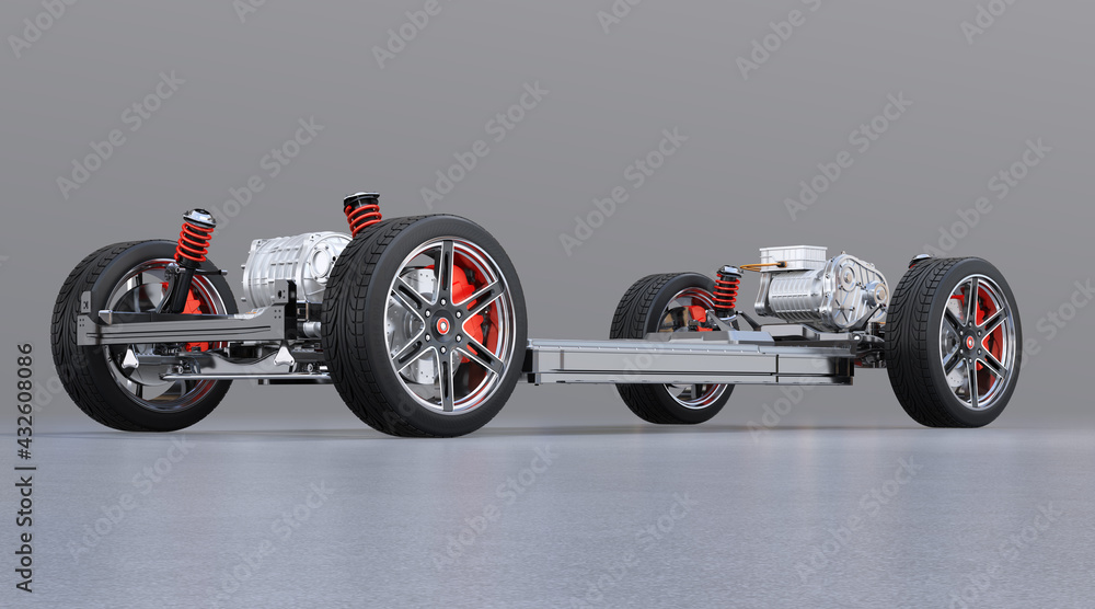 Poster electric vehicle's chassis with dual motors and battery system isolated on gray background. 3d rende
