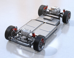 Electric Vehicle's chassis with dual motors and battery system. 3D rendering image. - obrazy, fototapety, plakaty