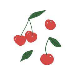 cherry and leaves set icon. hand drawn vector, minimalism. berry, summer, sweet, juicy, red.