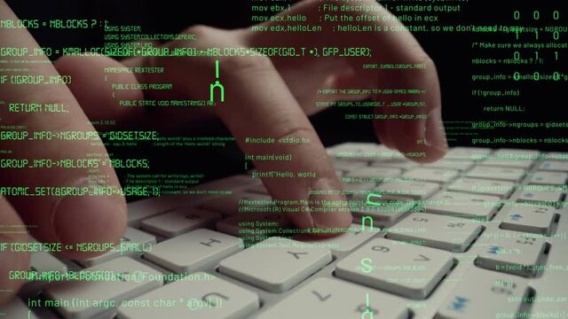 Creative visual of computer programming coding and software development shown by man working on computer keyboard with overlay of computer graphic displaying abstract program codes and computer script