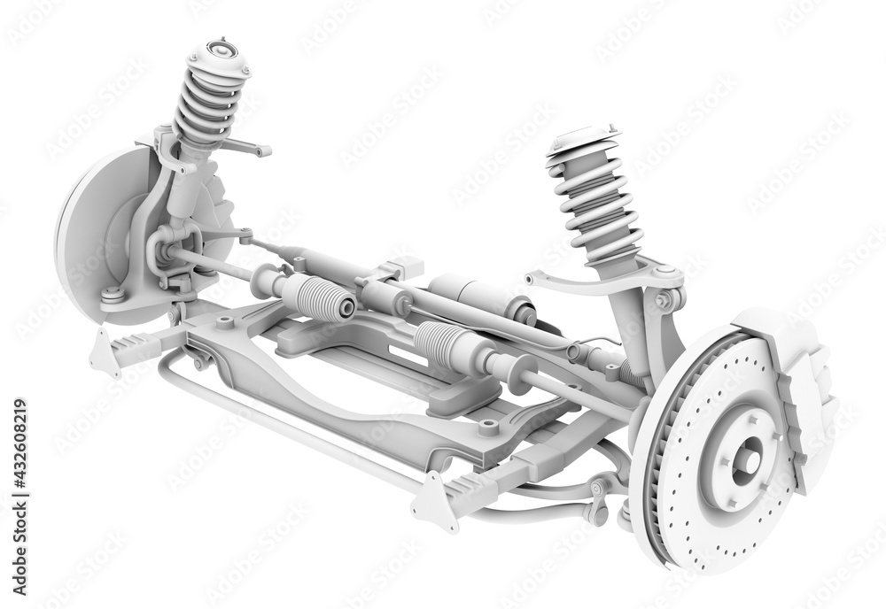 Aufkleber clay rendering of car suspension and disk brake isolated on white background. 3d rendering image.