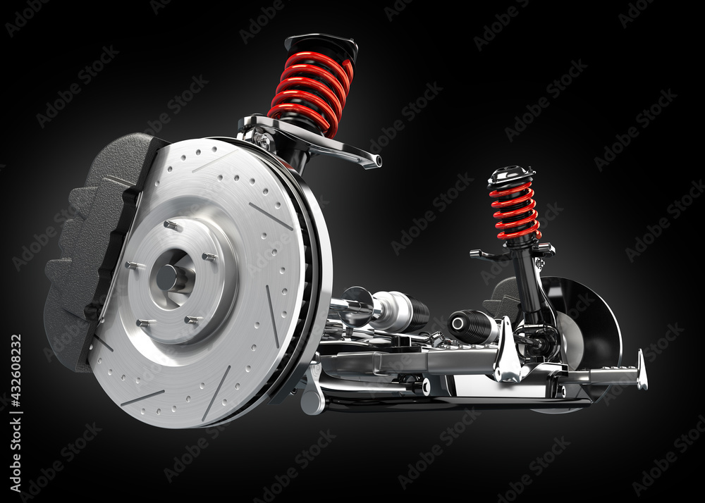 Poster car suspension and disk brake isolated on black background. 3d rendering image.