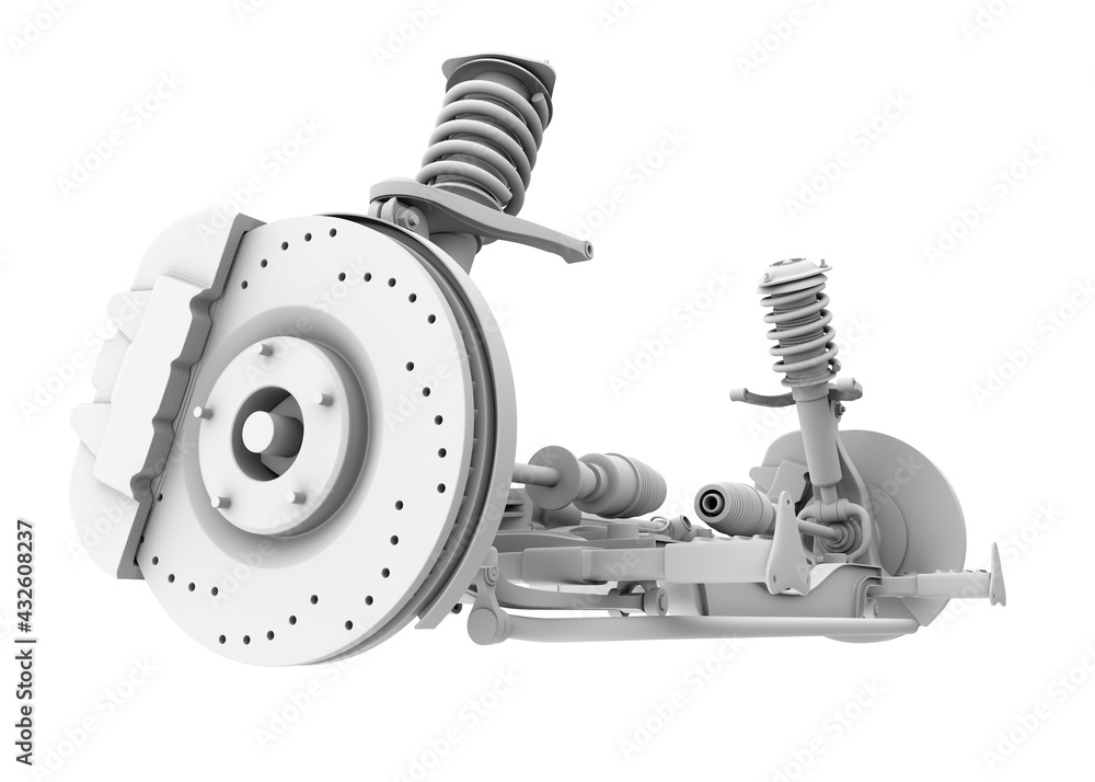 Poster clay rendering of car suspension and disk brake isolated on white background. 3d rendering image.