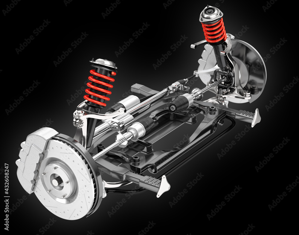 Poster car suspension and disk brake isolated on black background. 3d rendering image.