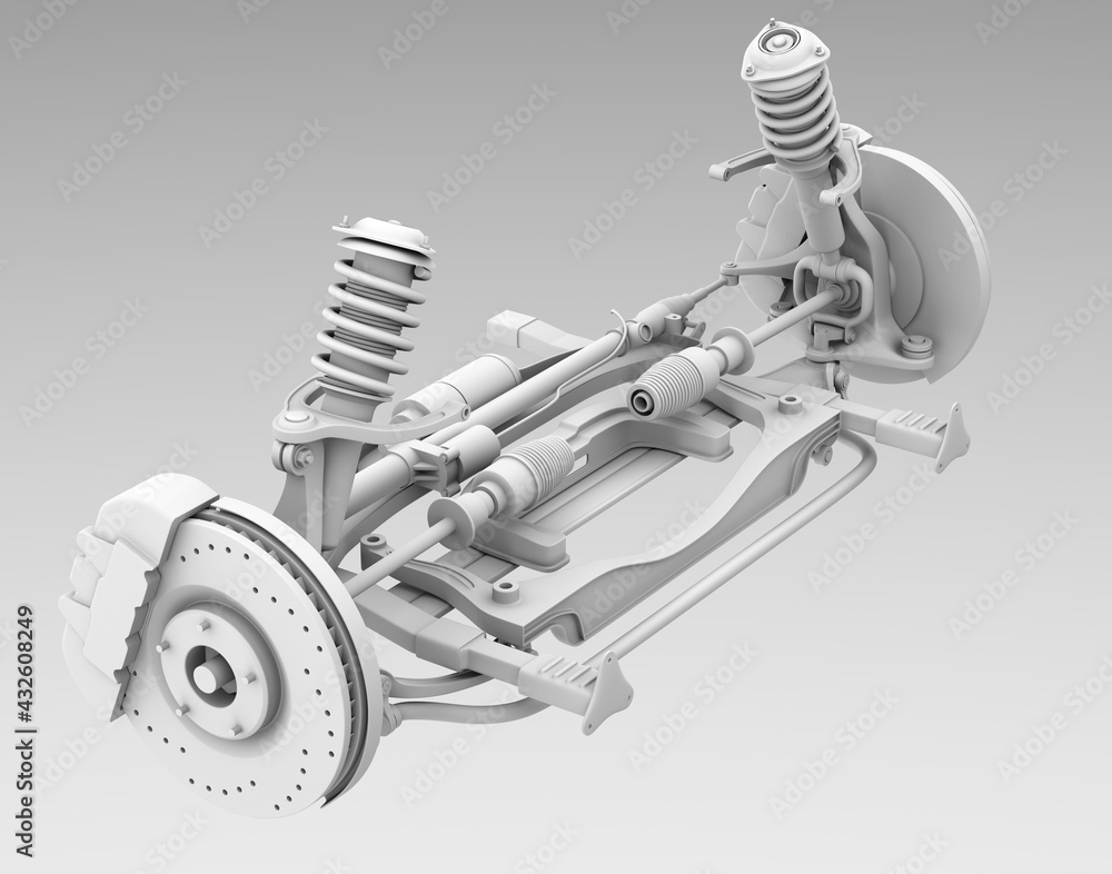 Poster clay rendering of car suspension and disk brake isolated on white background. 3d rendering image.