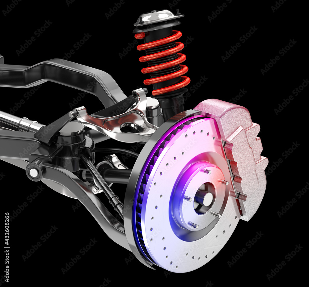 Aufkleber car suspension and disk brake in gradient rgb color . 3d rendering image.