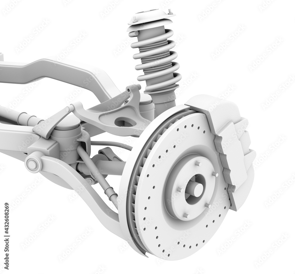 Poster clay rendering of car suspension and disk brake isolated on white background. 3d rendering image.