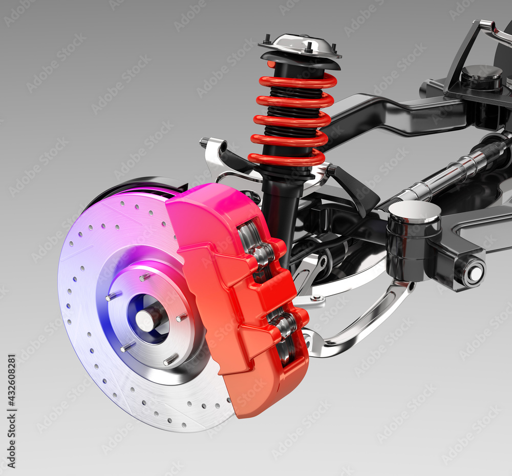 Poster car suspension and disk brake in gradient rgb color . 3d rendering image.