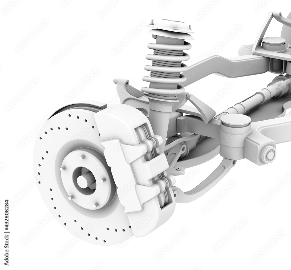 Poster clay rendering of car suspension and disk brake isolated on white background. 3d rendering image.