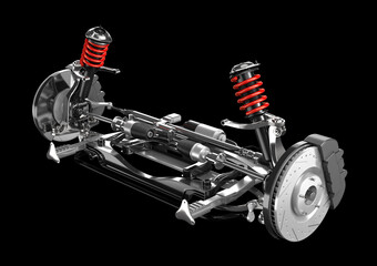 Car suspension and disk brake isolated on black background. 3D rendering image. - obrazy, fototapety, plakaty