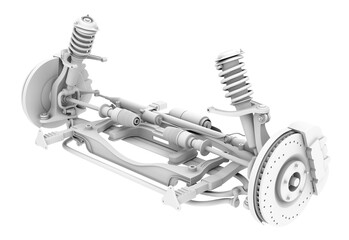 Clay rendering of car suspension and disk brake isolated on white background. 3D rendering image.