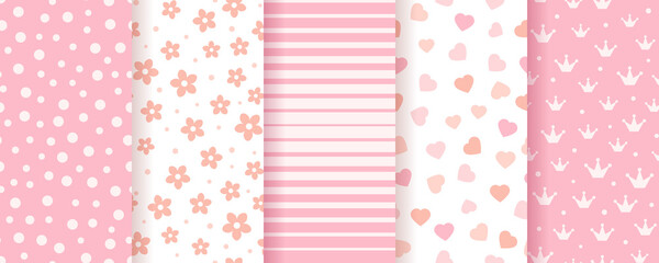 Baby shower seamless backgrounds. Pink baby girl patterns. Cute birthday prints. Set pastel scrapbook textures with dots, stripes, flowers and hearts. Vector illustration.