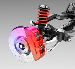 Car suspension and disk brake in gradient RGB color . 3D rendering image. - obrazy, fototapety, plakaty