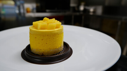  mango mousse on white plate