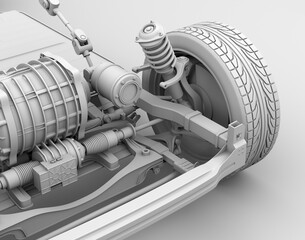 Clay rendering of Electric Vehicle's chassis with motor and battery system. 3D rendering image. - obrazy, fototapety, plakaty