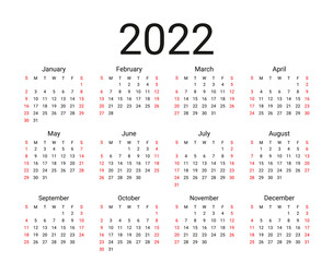 2022 Calendar. Week starts Sunday Yearly calender organizer with 12 months. Stationery year template. Vector. Layout grid in simple design. Landscape orientation, English