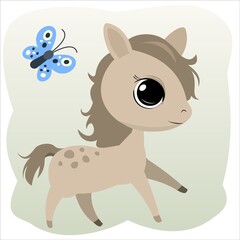 Little cub foal. Horse. Cheerful kind animal child. Cartoons flat style. Funny. Vector