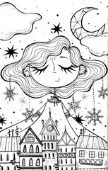children's black and white doodle illustration of a cute girl on the background of the city. fabulous city. cute character. book illustration. hand drawing. line art