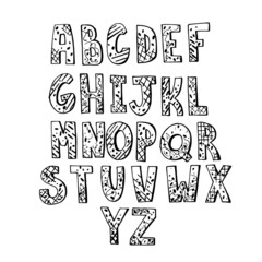 vector doodle illustration english alphabet. black and white hand drawing.